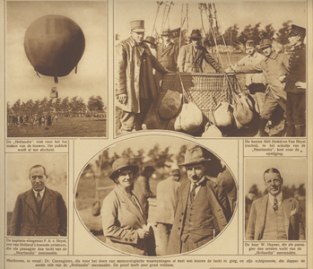 870229 Collage van 5 foto's betreffende het vertrek van twee luchtballonnen van de Koninklijke Vereeniging voor ...
